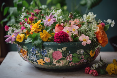 ceramic bowl filled with flowers and greenery, created with generative aiの素材