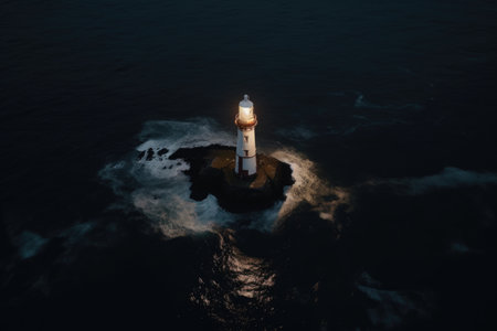 aerial view of a lighthouse, with its beacon shining bright against the dark waters, created with generative aiの素材