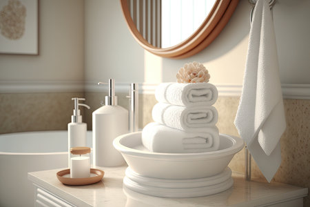 round white wash basin with stack of towels, soap, and lotion for luxurious spa experience, created with generative aiの素材