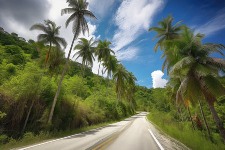 scenic road trip through a tropical paradise, with palm trees and blue skies, created with generative aiの素材