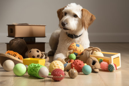collection of various pet toys and accessories, including balls, chew toys and treats, created with generative aiの素材