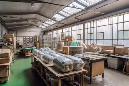 green factory, producing sustainable packaging for consumer goods, created with generative aiの素材