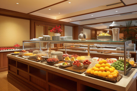 breakfast buffet, with a variety of international dishes including pastries, breads and fresh fruits, created with generative aiの素材