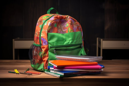 school supplies on a wooden table, with book bag and notebook in the foreground, created with generative aiの素材