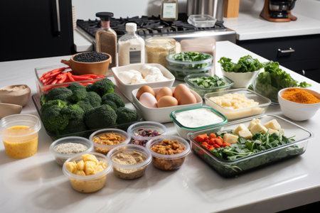 meal prep session, with ingredients and utensils neatly arranged on the counter, created with generative aiの素材