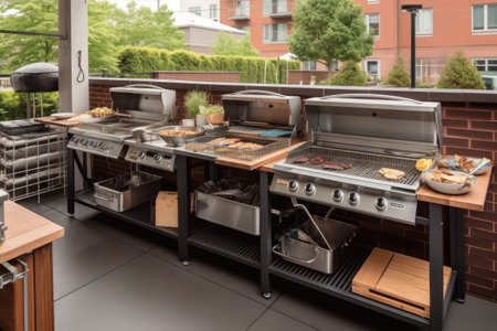 grilling station with multiple grills, utensils, and sauces for large group of hungry friends, created with generative aiの素材
