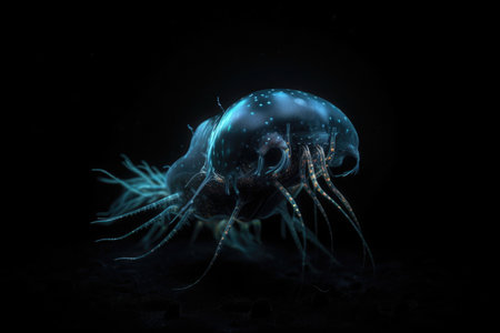 deep-sea creature swimming in the darkness with its bioluminescent lights shining, created with generative aiの素材