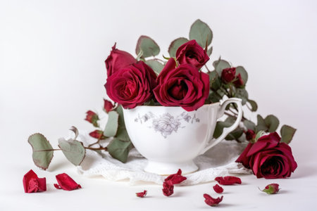 red roses in a vintage tea cup on white background, created with generative aiの素材