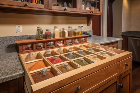 custom-built cooking station with a variety of spices and seasonings, perfect for experimenting, created with generative aiの素材