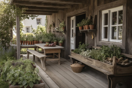organic farmhouse with rustic furniture, fresh herbs and vegetables growing on the porch, created with generative aiの素材