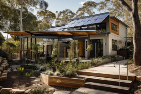 eco-friendly home with solar panels and rainwater harvesting system, created with generative aiの素材