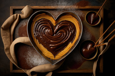 heart-shaped churros surrounded by melted chocolate dip, created with generative aiの素材