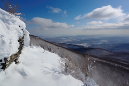 snow-covered mountaintop, with a view of the valley below, created with generative aiの素材