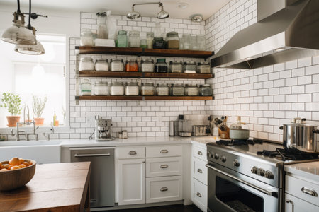 modern kitchen with white subway tile, stainless steel appliances, and upcycled jars for storage, created with generative aiの素材
