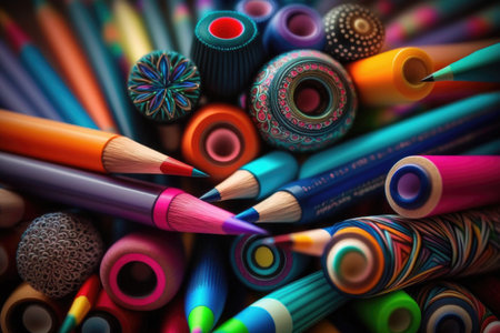 close-up of colorful pens, pencils, and markers, created with generative aiの素材