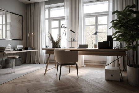 chic home office with minimalistic decor, sleek furniture and natural lighting, created with generative aiの素材