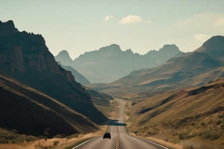 scenic road trip through mountain range, with majestic peaks in the background, created with generative aiの素材