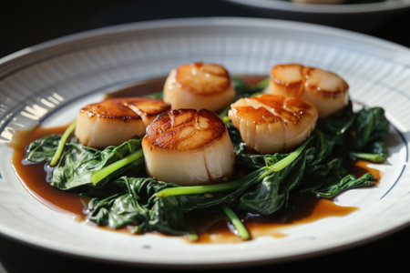 pan-seared scallops with bok choy and chinese black vinegar sauce, created with generative aiの素材