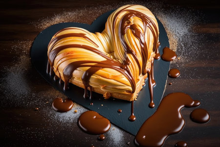 heart-shaped croissant with a drizzle of caramel or chocolate sauce, created with generative aiの素材