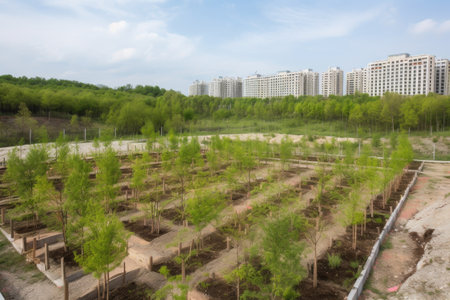 reforestation and tree planting in urban area, bringing greenery to concrete jungle, created with generative aiの素材