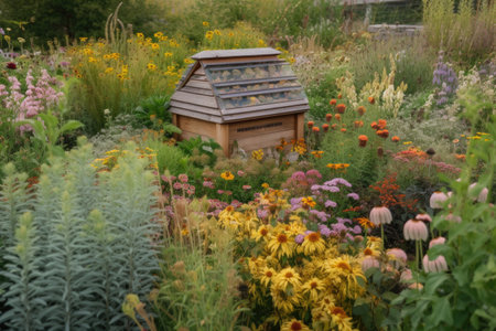 pollinator garden with beehive, surrounded by flowering plants, created with generative aiの素材