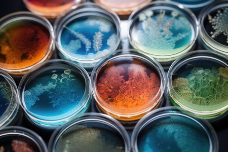 microbial cultures in petri dishes, arranged in geometric patterns, created with generative aiの素材