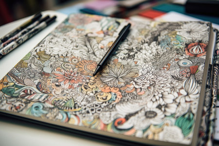 close-up of notebook filled with doodles and drawings, created with generative aiの素材