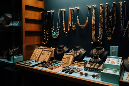 accessory section with a variety of earrings, necklaces and bracelets on display, created with generative aiの素材