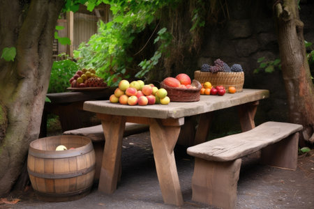 picnic table with a rustic, hand-carved bench and basket of fresh fruit, created with generative aiの素材