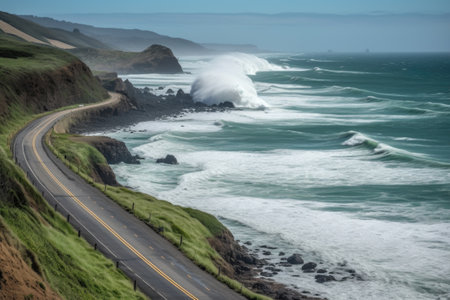 scenic road trip along the coastline, with crashing waves and rolling surf, created with generative aiの素材