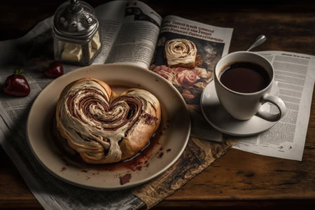 heart-shaped cinnamon roll on plate, with coffee and newspaper in the background, created with generative aiの素材