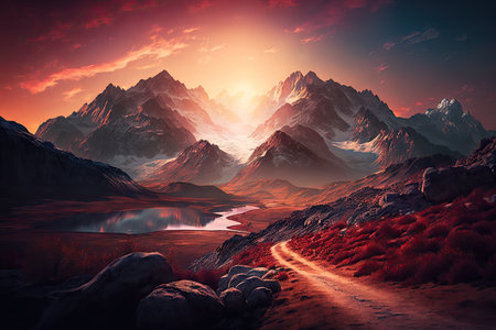 majestic mountain range with the sun setting behind it, casting a warm glow on the landscape, created with generative aiの素材