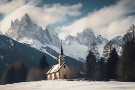 snow-covered chapel surrounded by towering peaks and untouched snow in winter, created with generative aiの素材