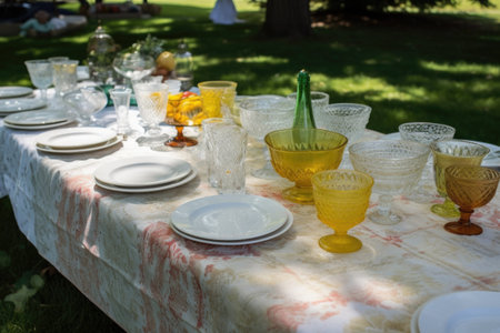 extensive collection of vintage linens, plates, and stemware for elegant picnic, created with generative aiの素材