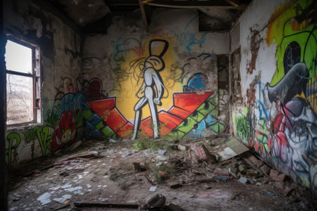 alien street artist creating piece on the wall of a derelict factory, created with generative aiの素材