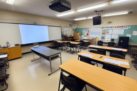 empty classroom setup with smartboard, projector, and laptop for modern learning, created with generative aiの素材