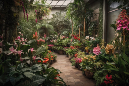vibrant indoor garden filled with diverse plant life, including foliage and blooming flowers, created with generative aiの素材