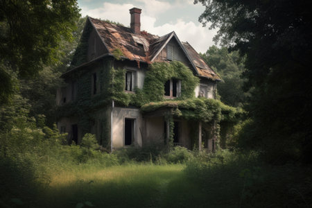 old farmhouse with overgrown yard, surrounded by trees and silence, created with generative aiの素材