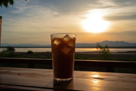 iced coffee, with full view of the sunrise, in peaceful and serene setting, created with generative aiの素材