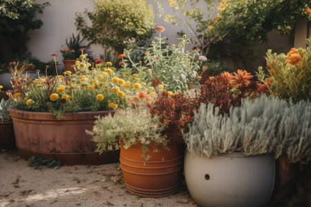 container garden filled with drought-tolerant and native plants, created with generative aiの素材