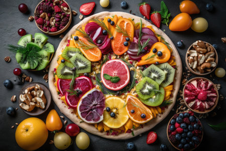 creative pizza toppings with fruit and vegetables, created with generative aiの素材