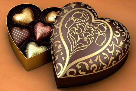 heart-shaped box of assorted chocolates or truffles with design and ribbon on the box, created with generative aiの素材