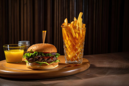 juicy burger, crispy fries and refreshing glass of lemonade, created with generative aiの素材
