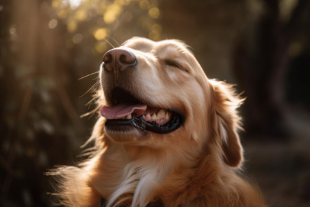 portrait of happy dog with tongue out and eyes closed, enjoying the sun and warm weather, created with generative aiの素材