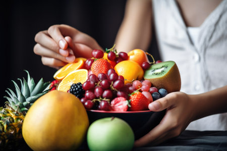 person, enjoying juicy and flavorful fruit, with the power to keep their body healthy, created with generative aiの素材
