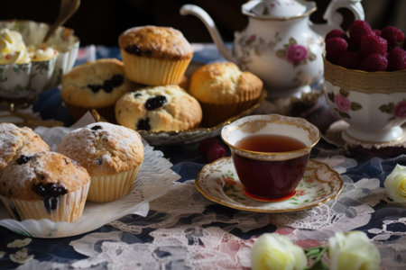 tea party setting with scones and muffins on a lace tablecloth, created with generative aiの素材