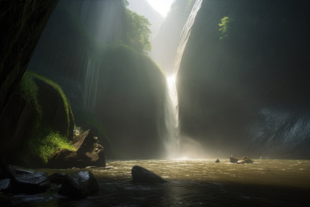 majestic waterfall, with the sun shining through the mist, illuminating its surroundings, created with generative aiの素材