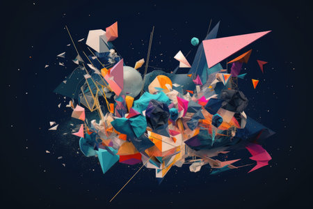 abstract art piece with deconstructed and fragmented shapes floating in space, created with generative aiの素材
