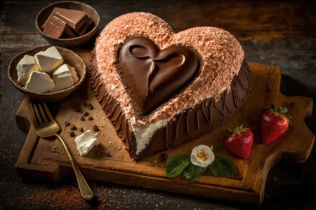 heart-shaped chocolate cake with smores filling, topped with marshmallows and graham crackers, created with generative aiの素材