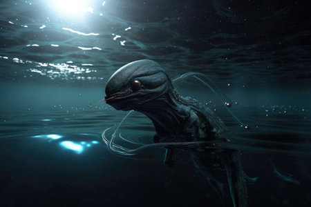 alien creature swimming in watery environment, with view of distant planets visible in the background, created with generative aiの素材